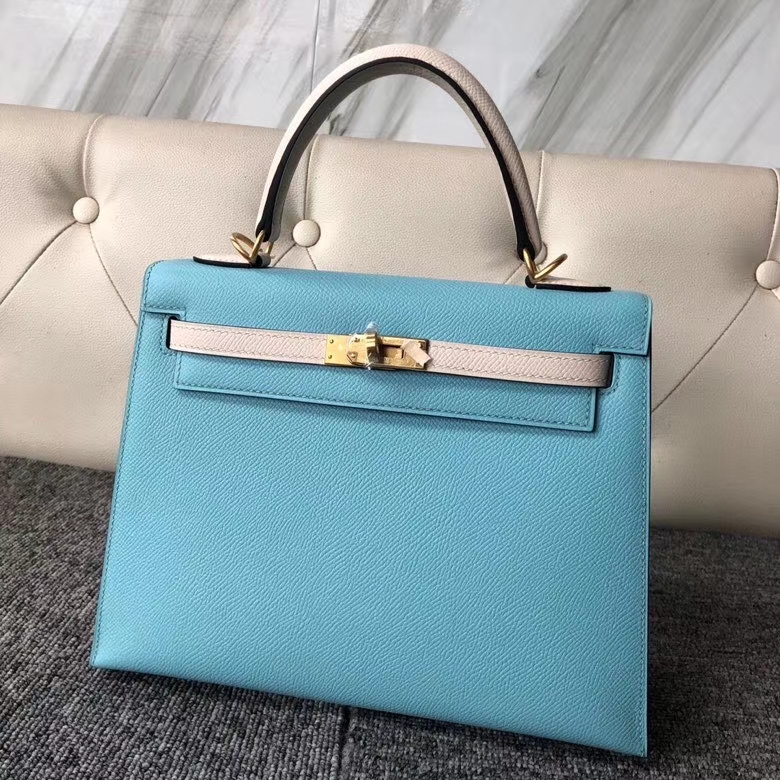 Hermès（爱马仕）Kelly 25cm Eposm 原厂掌纹皮  北方蓝拼奶昔白 金扣 马蹄印 顶级手缝