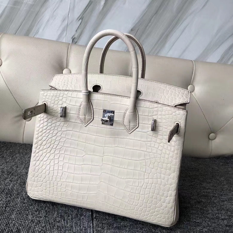 Hermès（爱马仕）Birkin 25cm Alligator matt 雾面鳄鱼 8L 奶油白 Beton 银扣 顶级手缝 定制