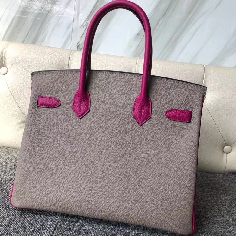 Hermès（爱马仕）Birkin 30 Eposm 原厂掌纹皮 沥青灰拼玫瑰紫 金扣 马蹄印 顶级手缝