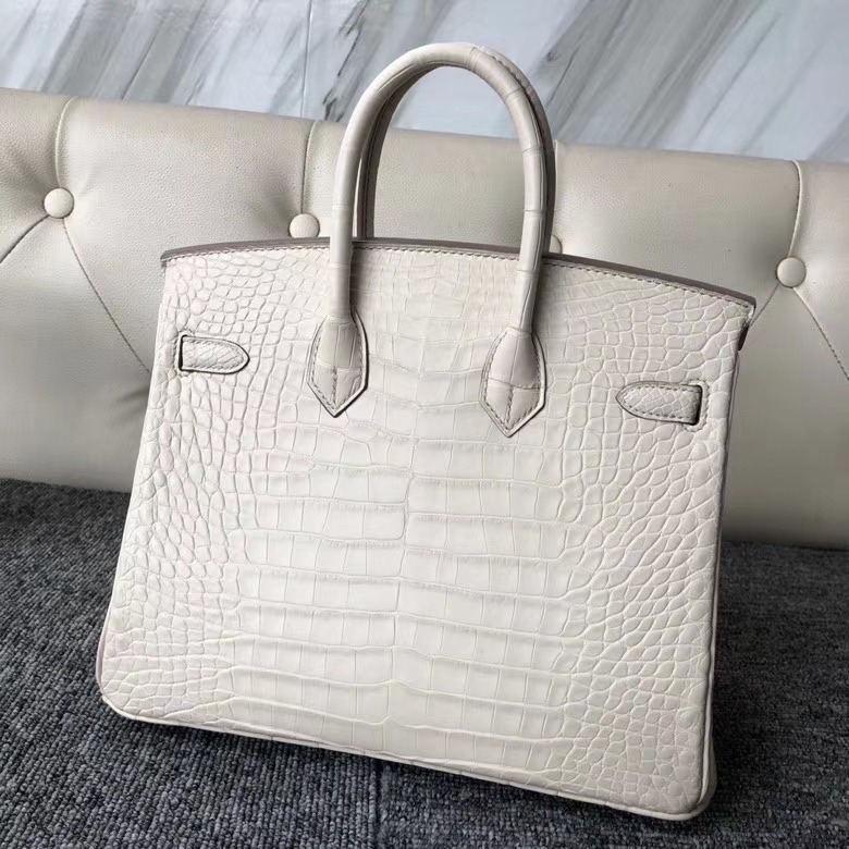Hermès（爱马仕）Birkin 25cm Alligator matt 雾面鳄鱼 8L 奶油白 Beton 银扣 顶级手缝 定制