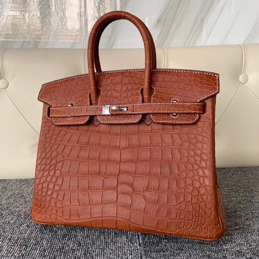 Hermès（爱马仕）Birkin 25cm Alligator matt 雾面鳄鱼 ck37 金棕色 马鞍皮色 银扣 白色线 顶级手缝 定制