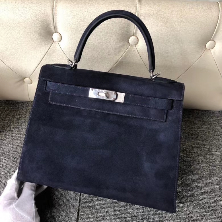 Hermès（爱马仕）Kelly 28cm 麂皮 宝石蓝 银扣  顶级手缝 定制