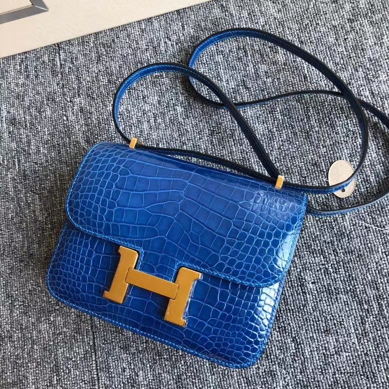 Hermès（爱马仕）Constance 18cm Alligator shiny 亮面鳄鱼 希腊蓝 金扣 顶级手缝 现货