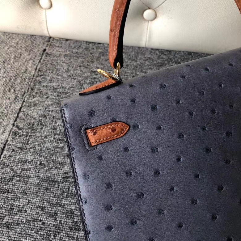 Hermès（爱马仕）Kelly 25cm Ostrich kk鸵鸟 玛瑙灰拼金棕色 金扣 马蹄印 顶级手缝 定制