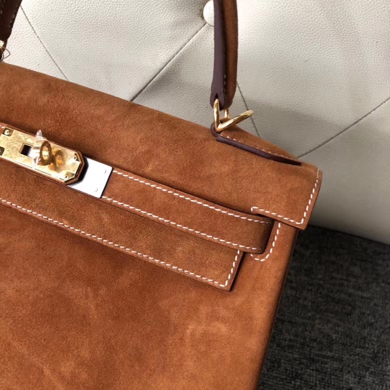 Hermès（爱马仕）Kelly 28cm 麂皮  金棕色 Gold 金扣  顶级手缝 定制