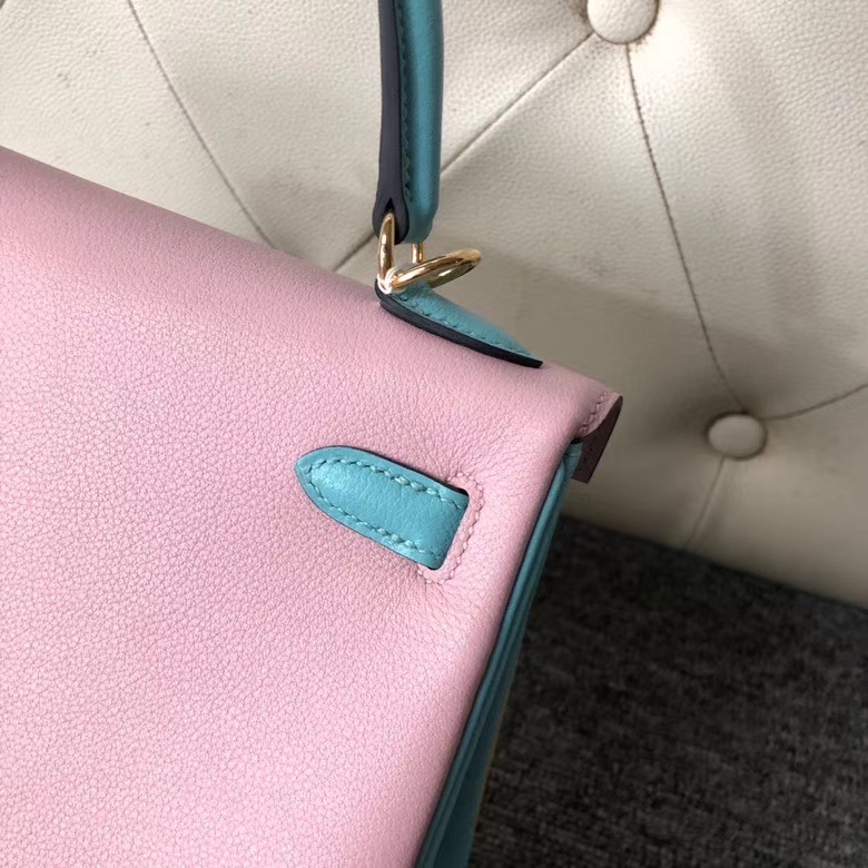 Hermès（爱马仕）Kelly 25cm evecolor 小牛皮 柠檬黄拼奶昔粉拼孔雀蓝 金扣 马蹄印