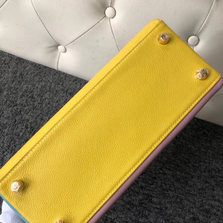 Hermès（爱马仕）Kelly 25cm evecolor 小牛皮 柠檬黄拼奶昔粉拼孔雀蓝 金扣 马蹄印