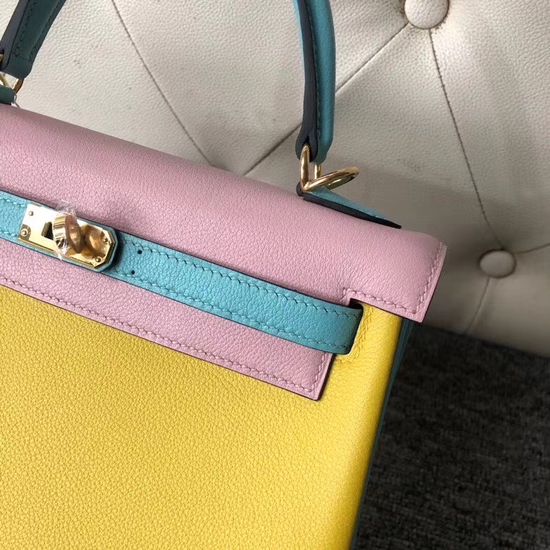 Hermès（爱马仕）Kelly 25cm evecolor 小牛皮 柠檬黄拼奶昔粉拼孔雀蓝 金扣 马蹄印