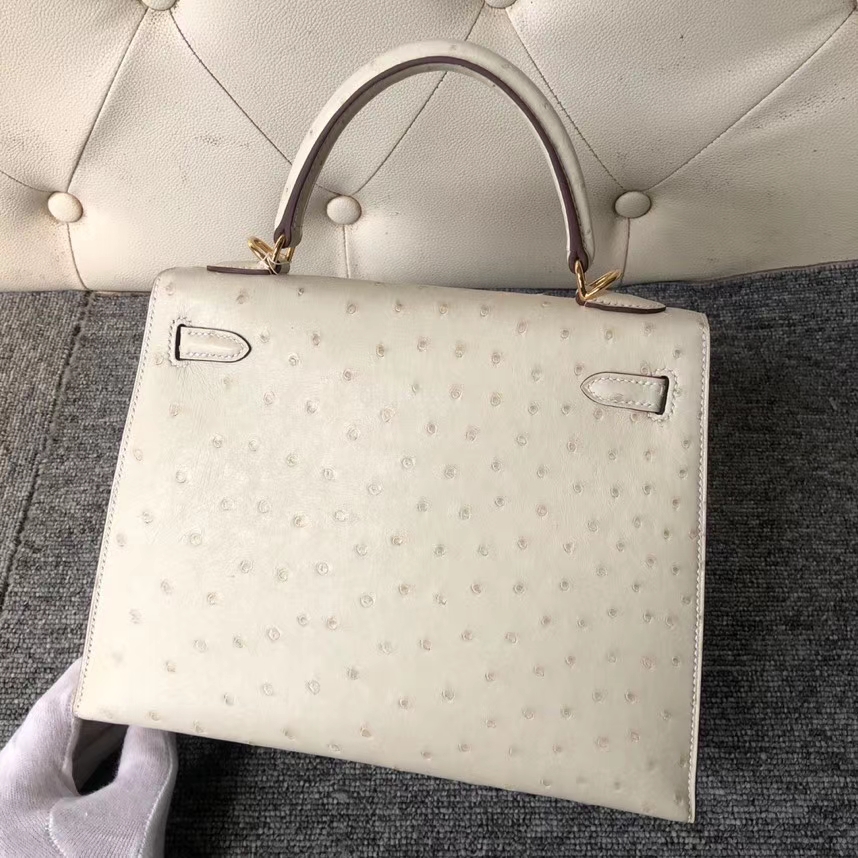 Hermès（爱马仕）kelly 25cm Ostrich kk 鸵鸟 3C 羊毛白  顶级手缝 定制