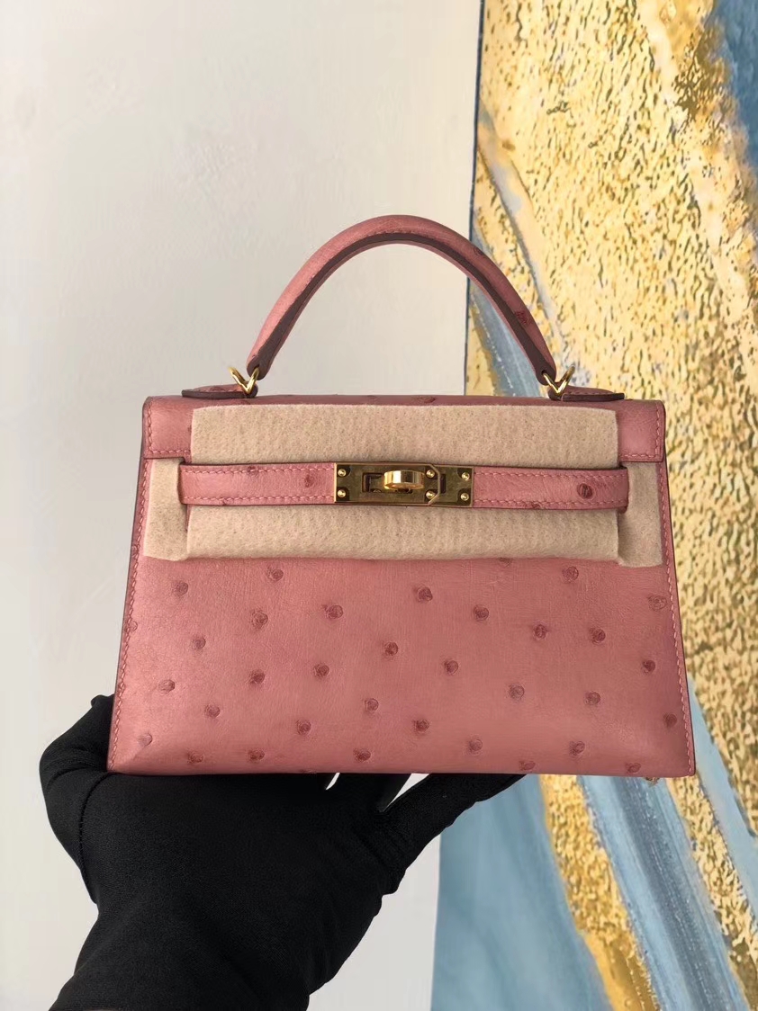 Hermès（爱马仕）Mini kelly ll Ostrich kk鸵鸟 cc94 陶瓷粉 金扣 顶级手缝 现货