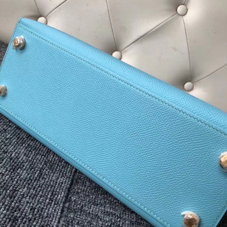 Hermès（爱马仕）Kelly 25cm Eposm 原厂掌纹皮  北方蓝拼奶昔白 金扣 马蹄印 顶级手缝