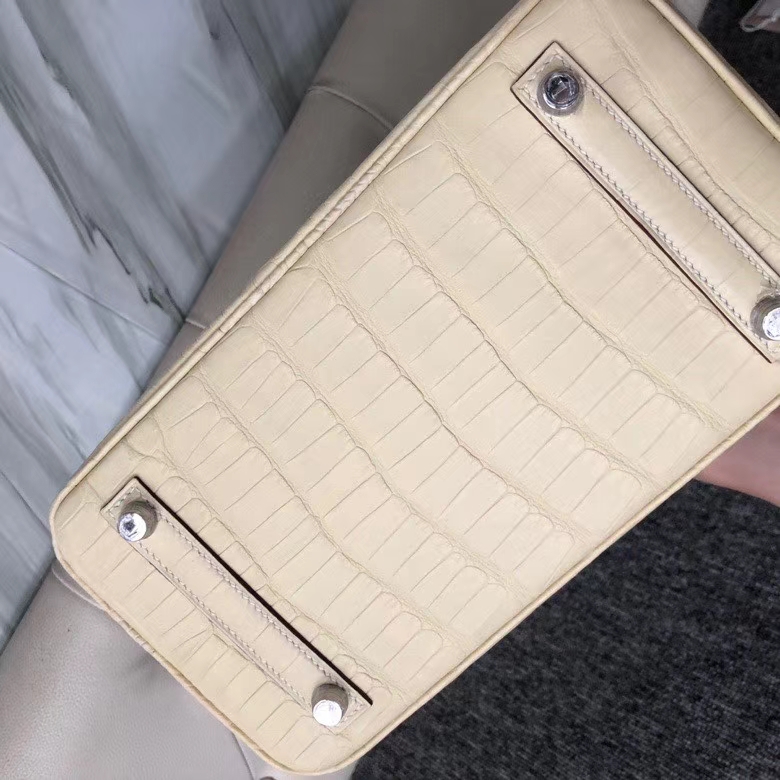 Hermès（爱马仕）Birkin 25cm Alligator matt 雾面鳄鱼 Y1香草色 拼马鞍皮金棕色 银扣 顶级手缝 现货