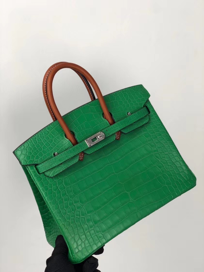 Hermès(爱马仕)Birkin 25cm Alligator matt 雾面鳄鱼 仙人掌绿拼马鞍皮金棕色 银扣 顶级手缝 现货-拉尔森鳄鱼皮具定制 - 爱马仕包包官网 Hermès(爱马仕)Birkin 25cm Alligator matt 雾面鳄鱼 仙人掌绿拼马鞍皮金棕色 银扣 顶级手缝 现货