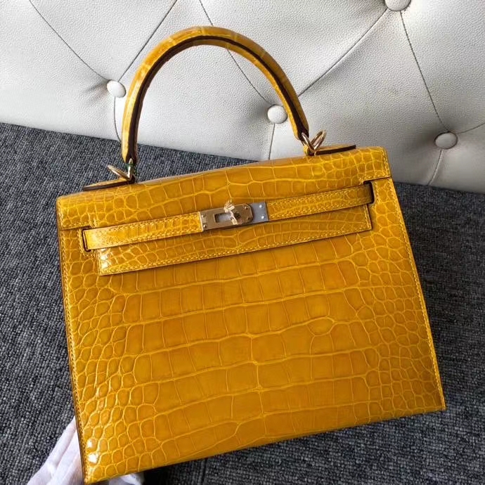 Hermès（爱马仕）Kelly 25cm Alligator shiny 亮面鳄鱼 9D 琥珀黄 Ambre 金扣 顶级手缝 现货