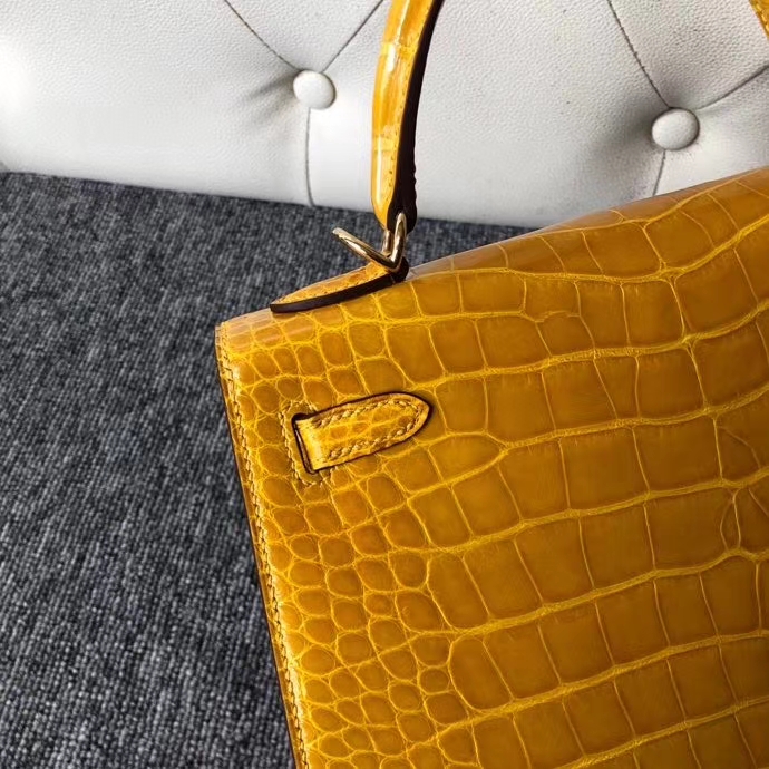 Hermès（爱马仕）Kelly 25cm Alligator shiny 亮面鳄鱼 9D 琥珀黄 Ambre 金扣 顶级手缝 现货