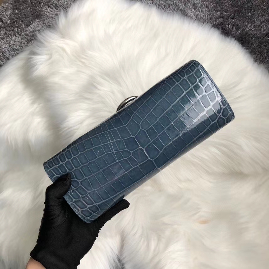 Hermès（爱马仕）亮面鳄鱼 ck75 牛仔蓝 Blue jean 银扣 顶级手缝 手拿包 晚宴包