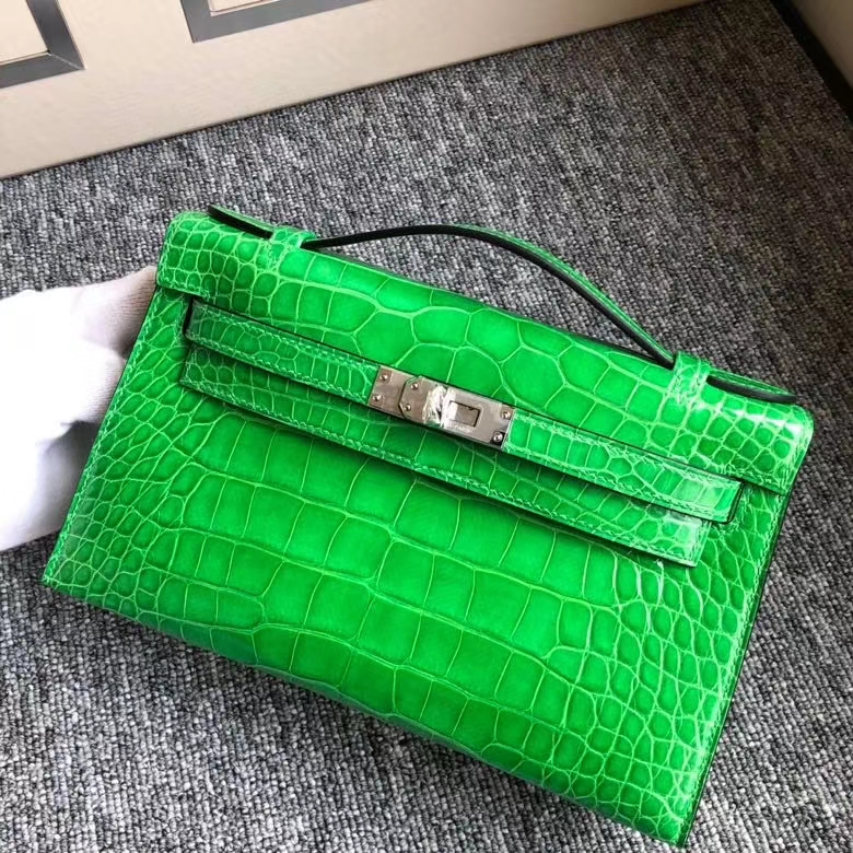Hermès（爱马仕）Minikelly pochette 22cm  Alligator shiny 亮面鳄鱼  仙人掌绿 银扣 现货