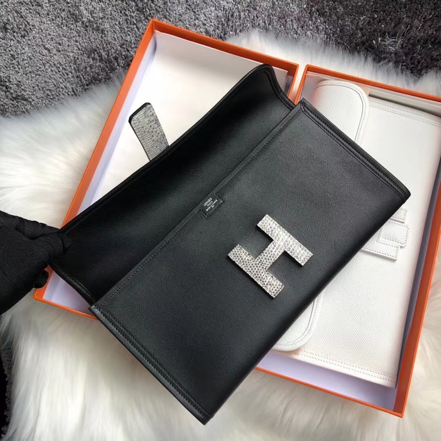 Hermès（爱马仕）Jige 29cm 黑色 Swift 皮拼蜥蜴皮 ck89 黑色 Noir 手拿包 晚宴包