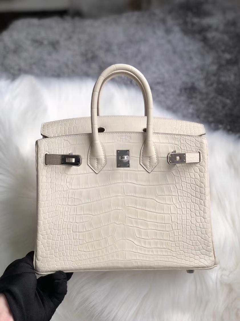 Hermès（爱马仕）Birkin 25cm Alligator matt 雾面鳄鱼 8L 奶油白 Beton 银扣