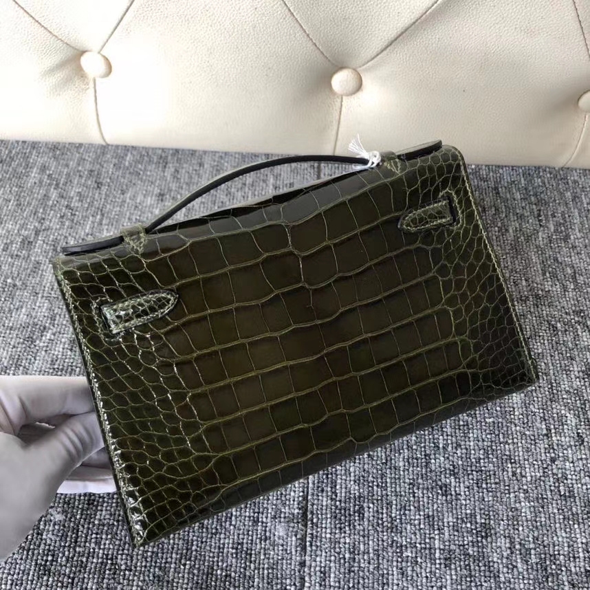 Hermès（爱马仕）Mini kelly pochette 22cm Alligator shiny 亮面鳄鱼6H 橄榄绿 银扣 现货