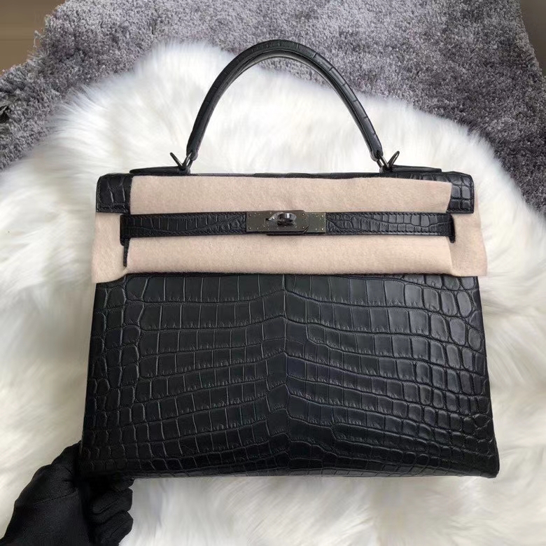 Hermès（爱马仕）Kelly 32cm Crocodile matt 雾面鳄鱼 ck89 黑色 Noir 黑扣 品相完美