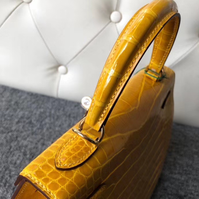 Hermès（爱马仕）Kelly 25cm Alligator shiny 亮面鳄鱼 9D 琥珀黄 Ambre 金扣 顶级手缝 现货