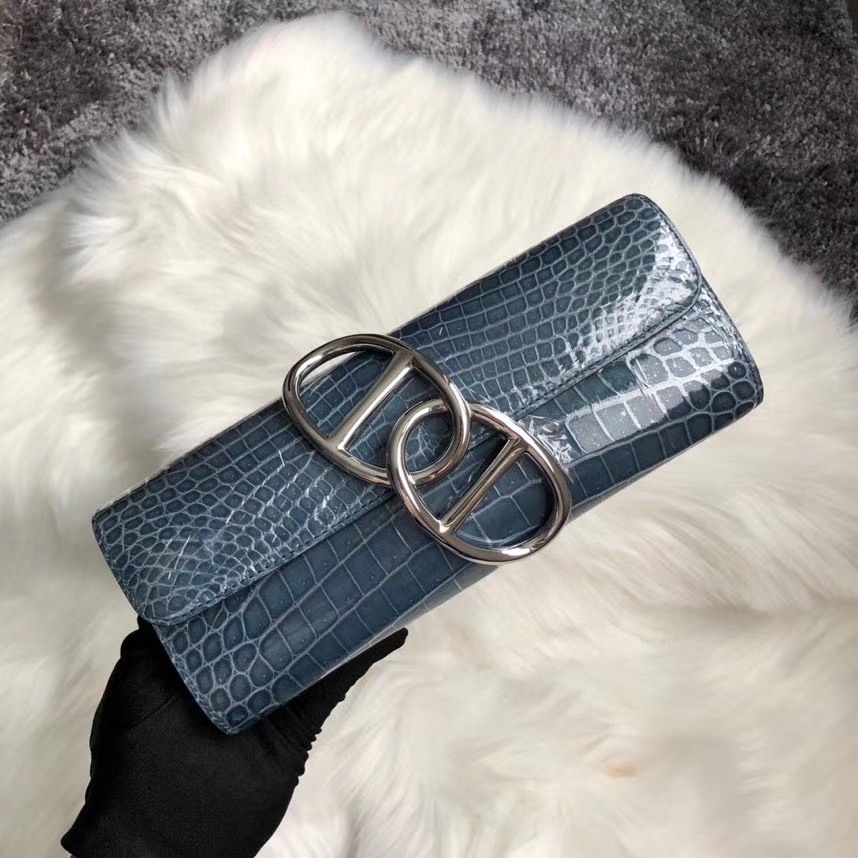 Hermès（爱马仕）亮面鳄鱼 ck75 牛仔蓝 Blue jean 银扣 顶级手缝 手拿包 晚宴包