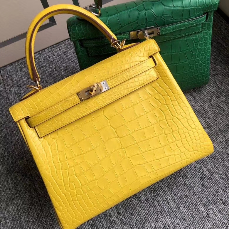 Hermès（爱马仕）Kelly 25cm Alligator matt 雾面鳄鱼 m9 金盏花黄 金扣 顶级手缝 现货