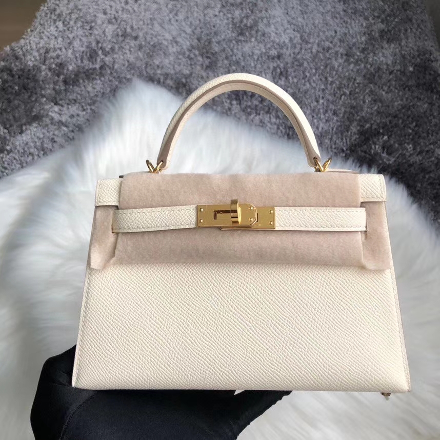 Hermès（爱马仕）Mini Kellyll Epsom 原厂掌纹皮 I2 奶油白 金扣 顶级手缝 小可爱