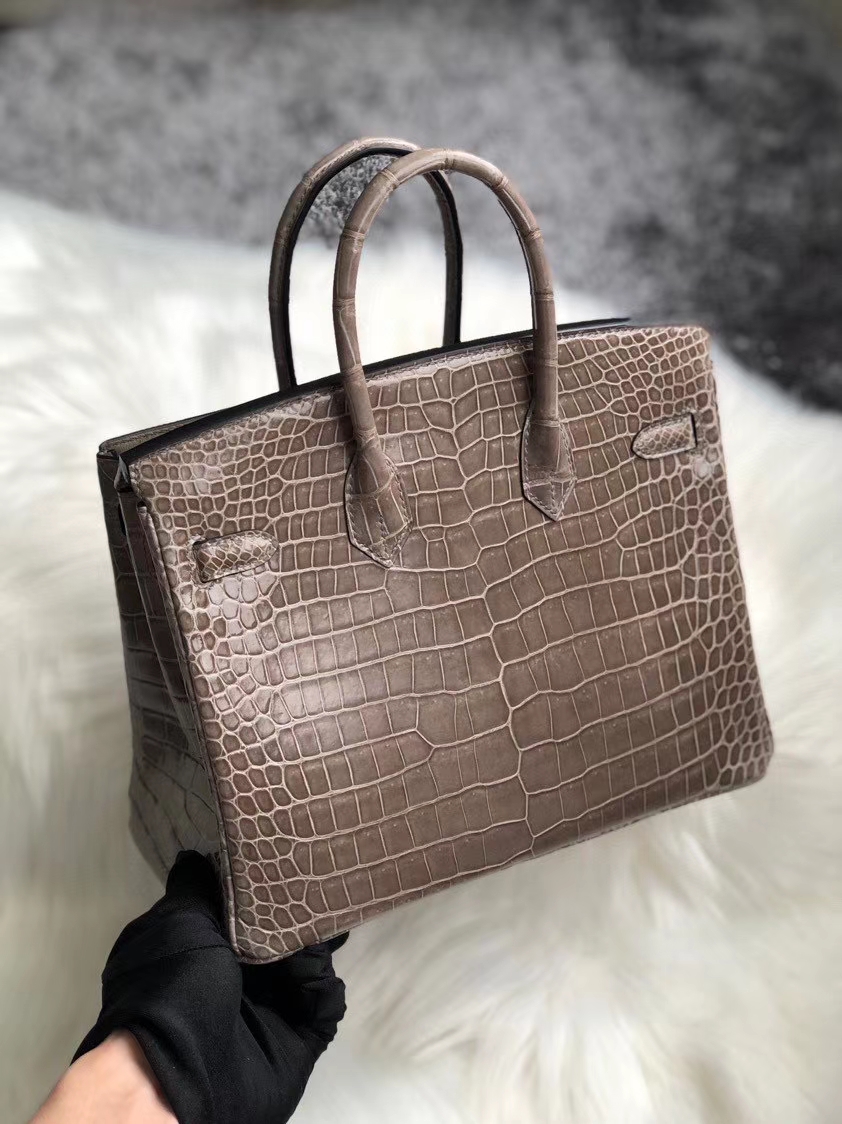 Hermès（爱马仕）Birkin 25cm Porosus shiny 亮面鳄鱼 ck18 斑鸠灰 Gris T 金扣 顶级手缝 定制