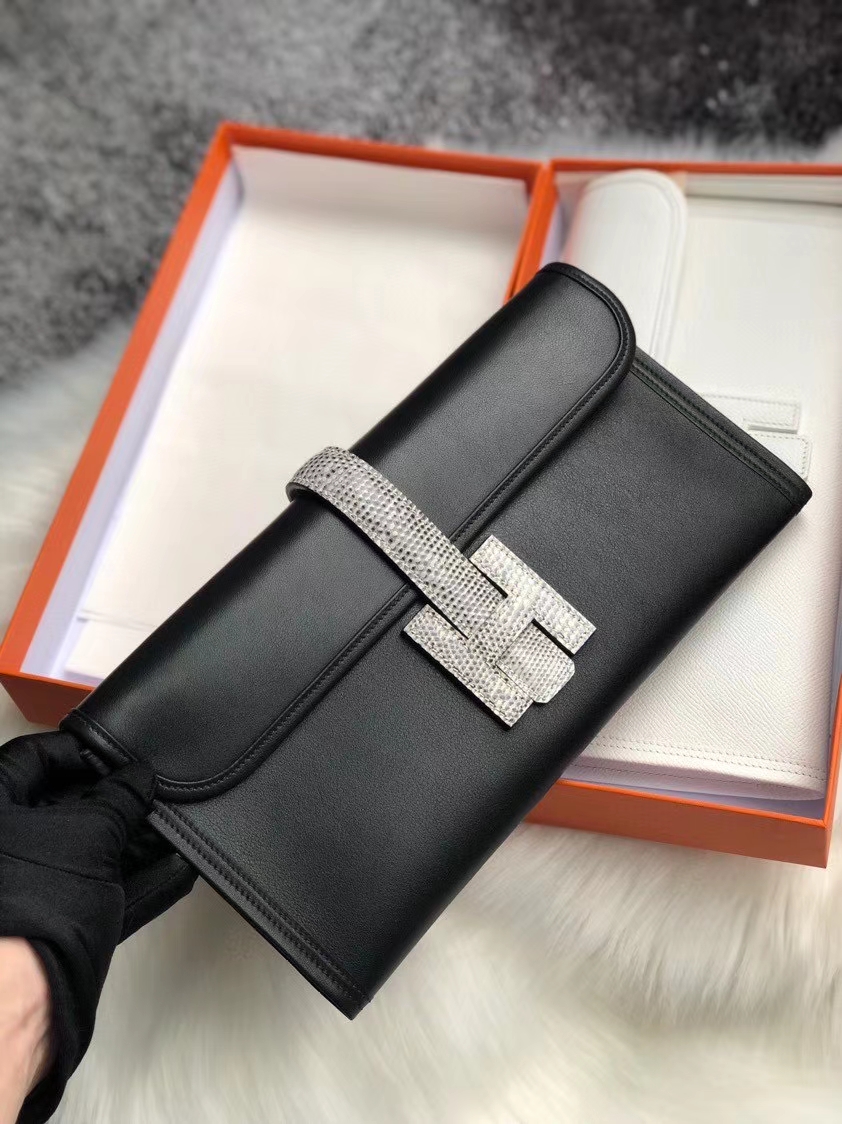 Hermès（爱马仕）Jige 29cm 黑色 Swift 皮拼蜥蜴皮 ck89 黑色 Noir 手拿包 晚宴包