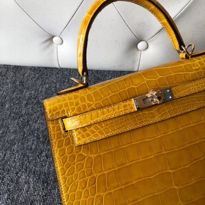 Hermès（爱马仕）Kelly 25cm Alligator shiny 亮面鳄鱼 9D 琥珀黄 Ambre 金扣 顶级手缝 现货
