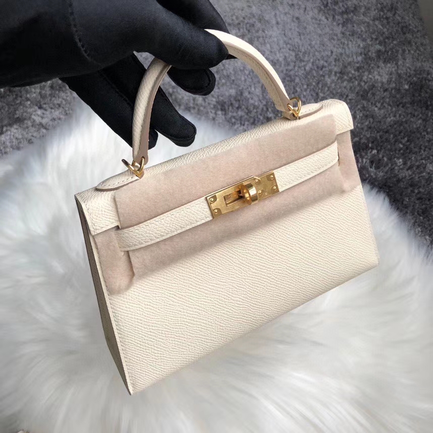 Hermès（爱马仕）Mini Kellyll Epsom 原厂掌纹皮 I2 奶油白 金扣 顶级手缝 小可爱