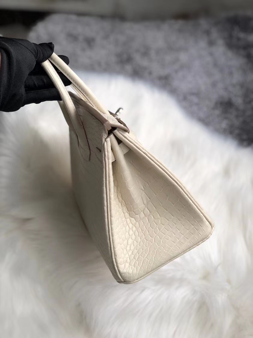 Hermès（爱马仕）Birkin 25cm Alligator matt 雾面鳄鱼 8L 奶油白 Beton 银扣