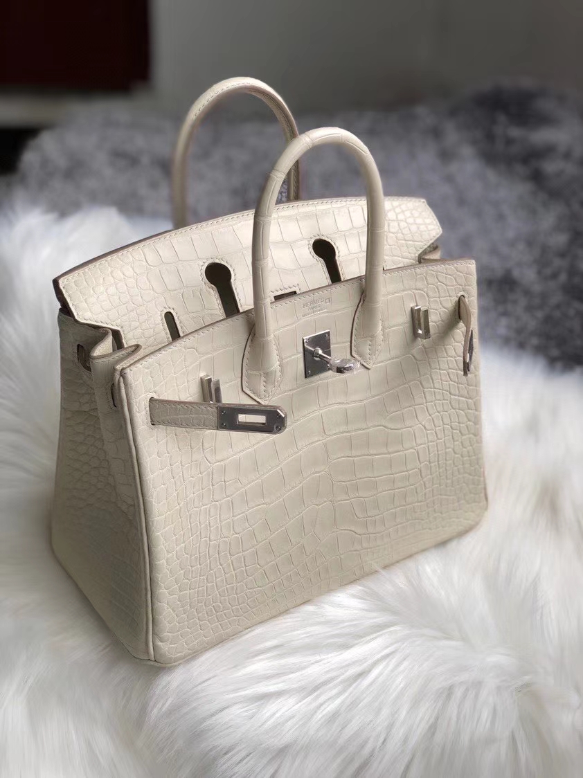Hermès（爱马仕）Birkin 25cm Alligator matt 雾面鳄鱼 8L 奶油白 Beton 银扣