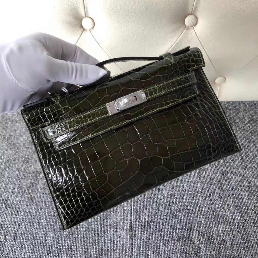 Hermès（爱马仕）Mini kelly pochette 22cm Alligator shiny 亮面鳄鱼6H 橄榄绿 银扣 现货