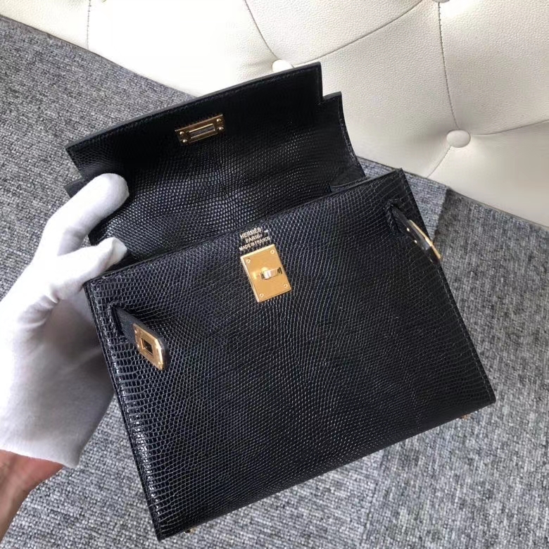 Hermès(爱马仕)Kelly 20cm 大耳朵 蜥蜴皮 Lizard ck89 黑色 金扣 定制款-拉尔森鳄鱼皮具定制 - 爱马仕包包官网 Hermès(爱马仕)Kelly 20cm 大耳朵 蜥蜴皮 Lizard ck89 黑色 金扣 定制款