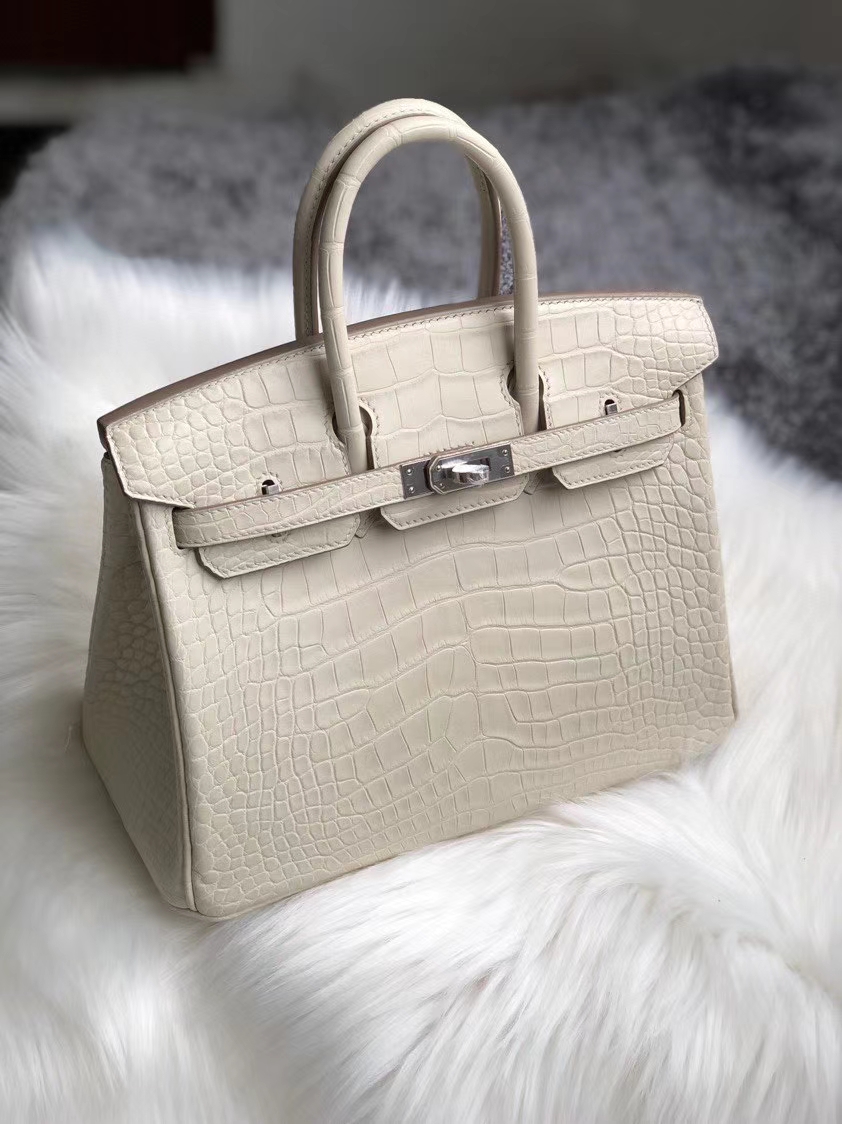 Hermès（爱马仕）Birkin 25cm Alligator matt 雾面鳄鱼 8L 奶油白 Beton 银扣
