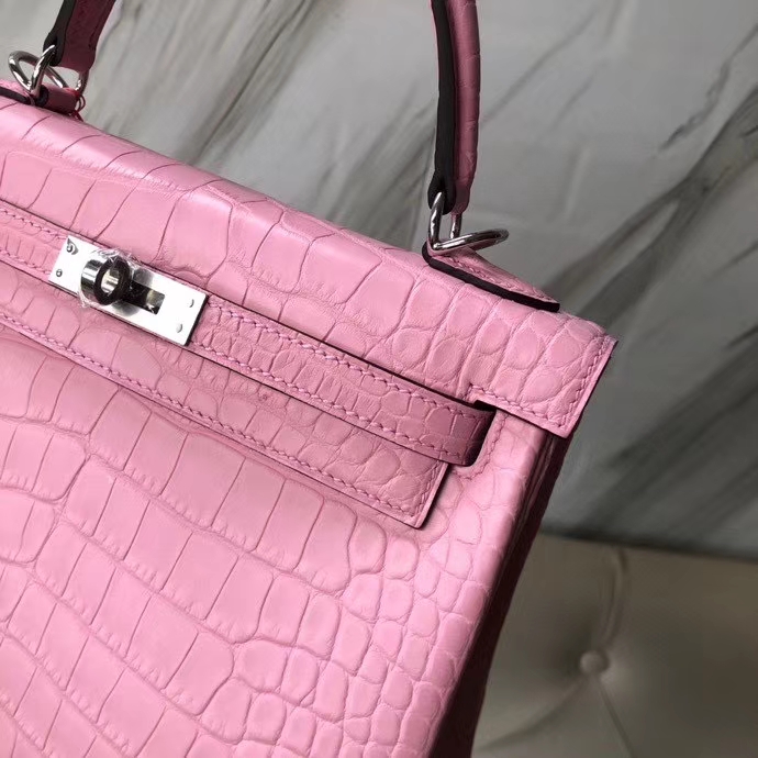 Hermès（爱马仕）Kelly 25cm Alligator matt 雾面鳄鱼 5p 樱花粉 银扣 顶级手缝