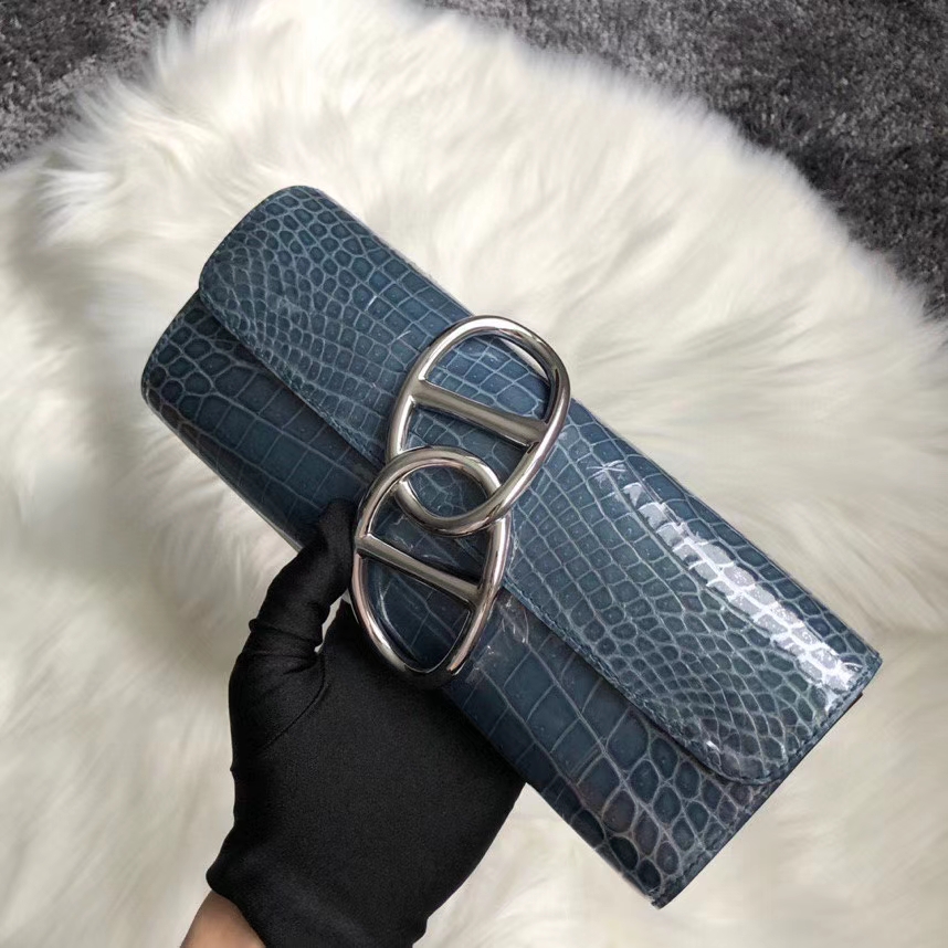 Hermès（爱马仕）亮面鳄鱼 ck75 牛仔蓝 Blue jean 银扣 顶级手缝 手拿包 晚宴包