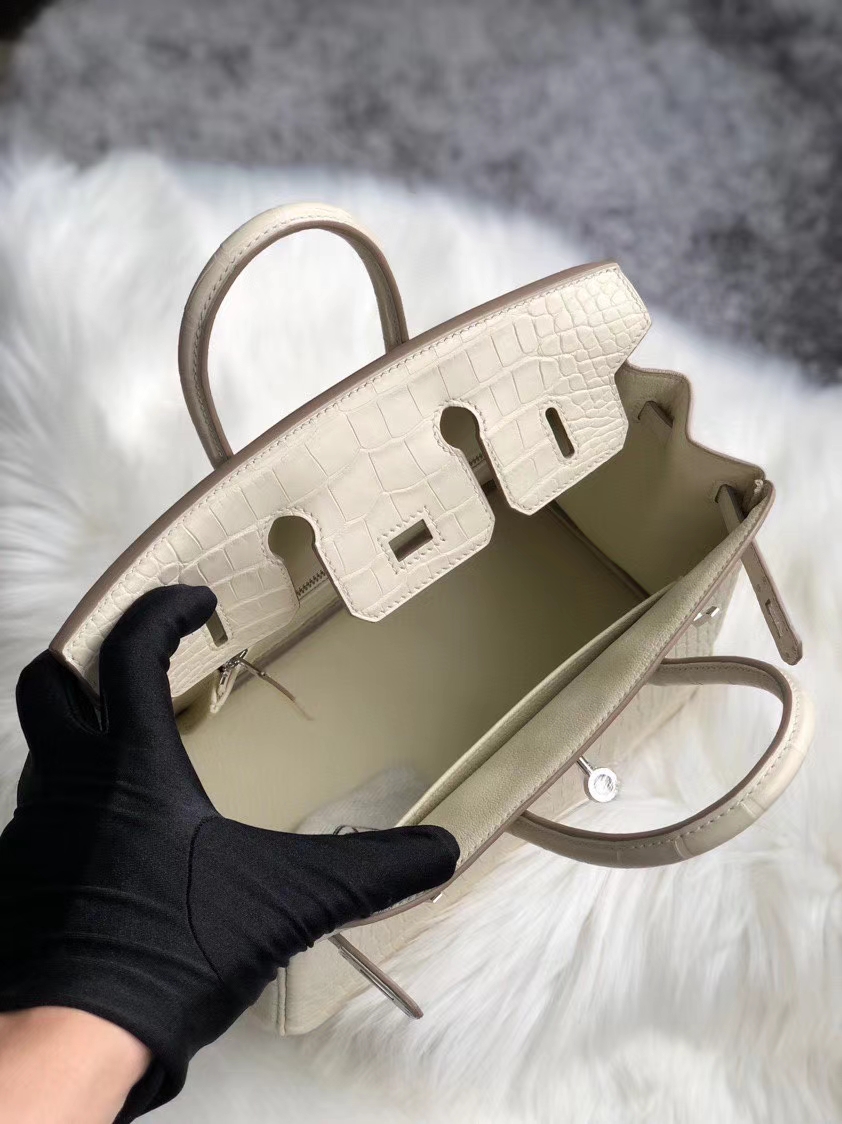 Hermès（爱马仕）Birkin 25cm Alligator matt 雾面鳄鱼 8L 奶油白 Beton 银扣