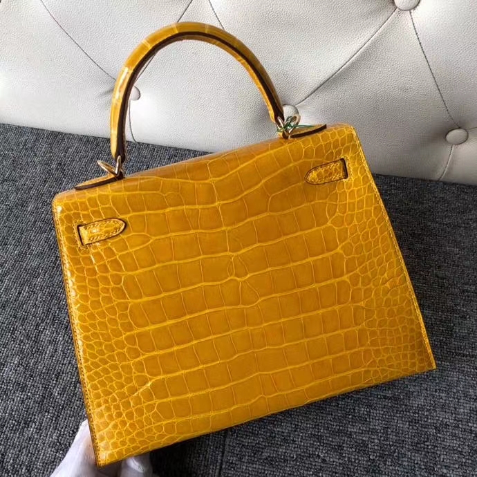 Hermès（爱马仕）Kelly 25cm Alligator shiny 亮面鳄鱼 9D 琥珀黄 Ambre 金扣 顶级手缝 现货