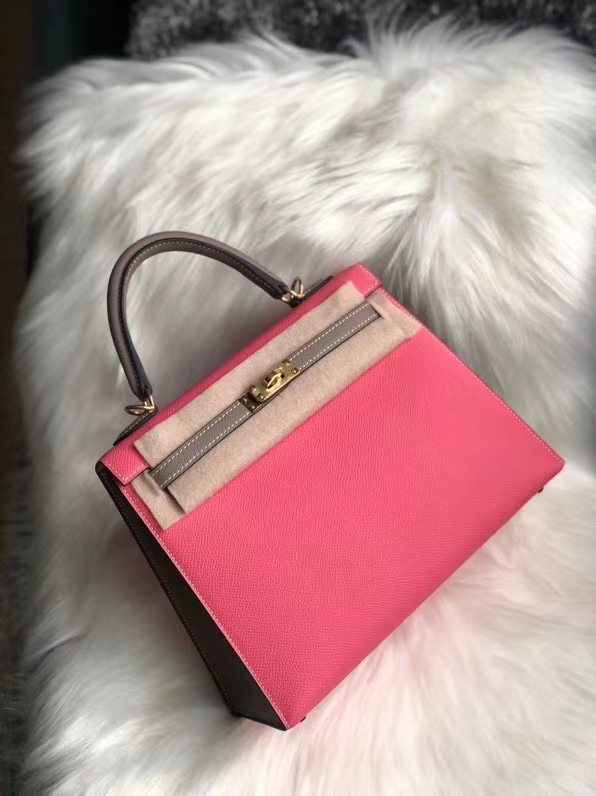 Hermès(爱马仕)Kelly 25cm Epsom 原厂掌纹皮 8w 唇膏粉拼ck18 大象灰 金扣 马蹄印 定制-拉尔森鳄鱼皮具定制 - 爱马仕包包官网 Hermès(爱马仕)Kelly 25cm Epsom 原厂掌纹皮 8w 唇膏粉拼ck18 大象灰 金扣 马蹄印 定制