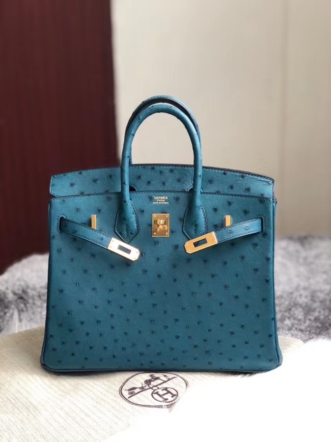 Hermès(爱马仕)Birkin 25cm Ostrich kk鸵鸟 7C 珊瑚蓝 金扣 顶级手缝 现货-拉尔森鳄鱼皮具定制 - 爱马仕包包官网 Hermès(爱马仕)Birkin 25cm Ostrich kk鸵鸟 7C 珊瑚蓝 金扣 顶级手缝 现货