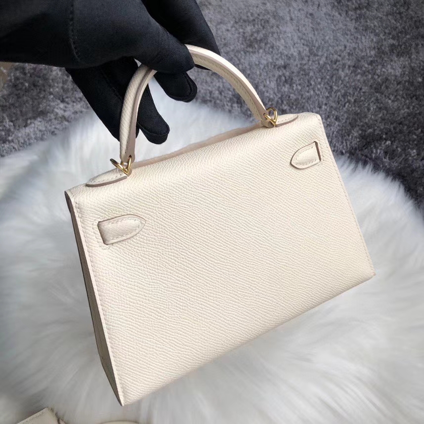 Hermès（爱马仕）Mini Kellyll Epsom 原厂掌纹皮 I2 奶油白 金扣 顶级手缝 小可爱