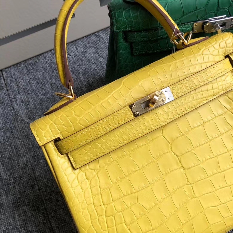 Hermès（爱马仕）Kelly 25cm Alligator matt 雾面鳄鱼 m9 金盏花黄 金扣 顶级手缝 现货