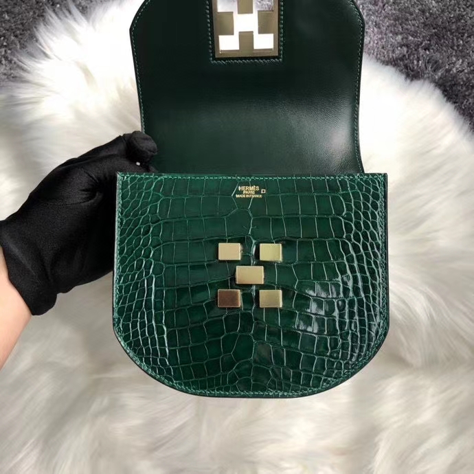 Hermès（爱马仕）马赛克17cm Alligator shiny 亮面鳄鱼 ck67 祖母绿 vert fonce 金扣 定制