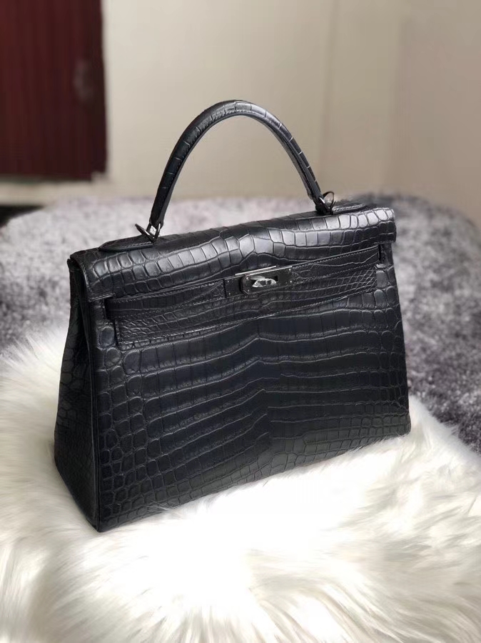 Hermès（爱马仕）Kelly 32cm Crocodile matt 雾面鳄鱼 ck89 黑色 Noir 黑扣 品相完美