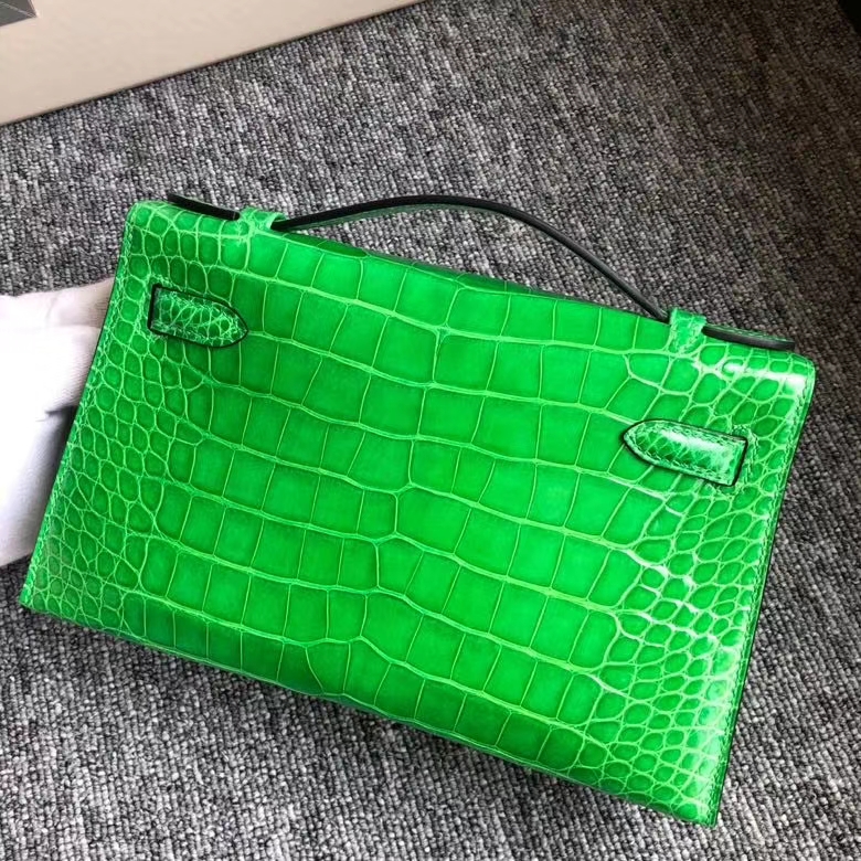 Hermès（爱马仕）Minikelly pochette 22cm  Alligator shiny 亮面鳄鱼  仙人掌绿 银扣 现货