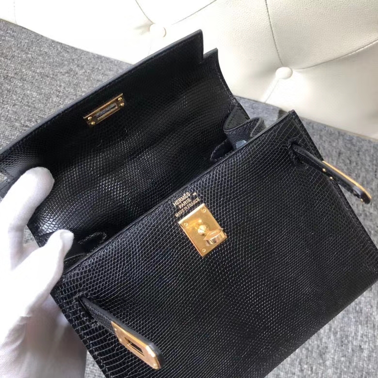 Hermès(爱马仕)Kelly 20cm 大耳朵 蜥蜴皮 Lizard ck89 黑色 金扣 定制款-拉尔森鳄鱼皮具定制 - 爱马仕包包官网 Hermès(爱马仕)Kelly 20cm 大耳朵 蜥蜴皮 Lizard ck89 黑色 金扣 定制款